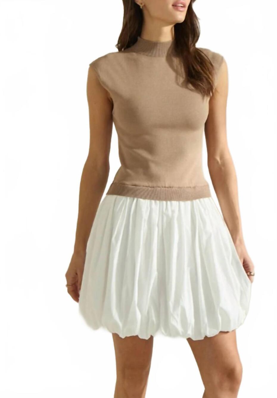 NEW ABLE balloon contrast mini dress in white/taupe